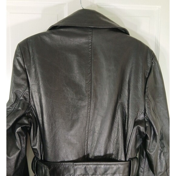 Vintage Mens Sz S Black Leather Trench Coat Removable Faux Fur Lining Old Money - Picture 9 of 16